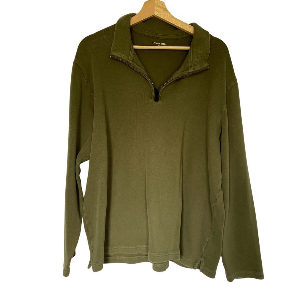Lands' End Quarter Zip Knit Sweater XL Forest Green Mens Cotton Pullover